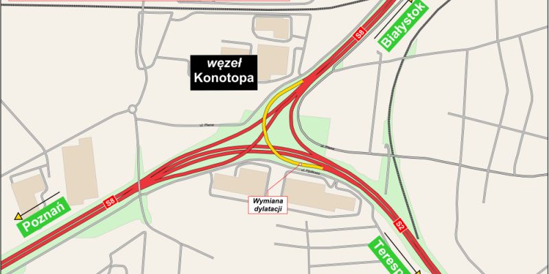 Uwaga kierowcy! Zmiany na węźle Konotopa – rusza wymiana dylatacji na trasie S8–S2